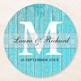 Rustieke Turquoise Hout Landelijke Trouw Monogram Ronde Kartonnen Onderzetter