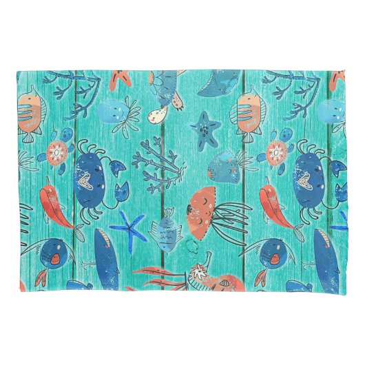 Rustieke turquoise hout & onder de zee vrienden gr kussensloop (Voorkant)