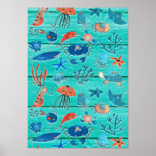 Rustieke turquoise hout & onder de zee vrienden gr poster