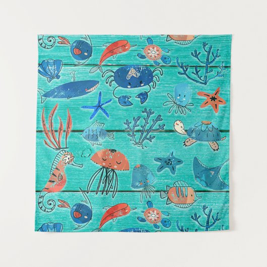 Rustieke turquoise hout & onder de zee vrienden sp wandkleed (Voorkant)