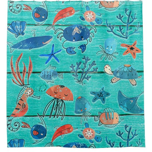 Rustieke turquoise hout & onderzee vrienden grilli douchegordijn (Voorkant)