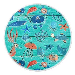Rustieke turquoise hout & onderzee vrienden grilli keramische knop