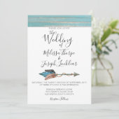 Rustieke Turquoise hout veren bruiloft uitnodiging (Staand voorkant)