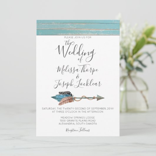 Rustieke Turquoise hout veren bruiloft uitnodiging (Staand voorkant)