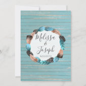 Rustieke Turquoise hout veren bruiloft uitnodiging (Achterkant)