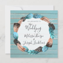 Rustieke Turquoise hout veren bruiloft uitnodiging