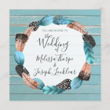 Rustieke Turquoise hout veren bruiloft uitnodiging