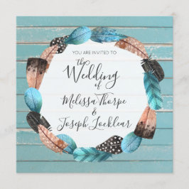 Rustieke Turquoise hout veren bruiloft uitnodiging