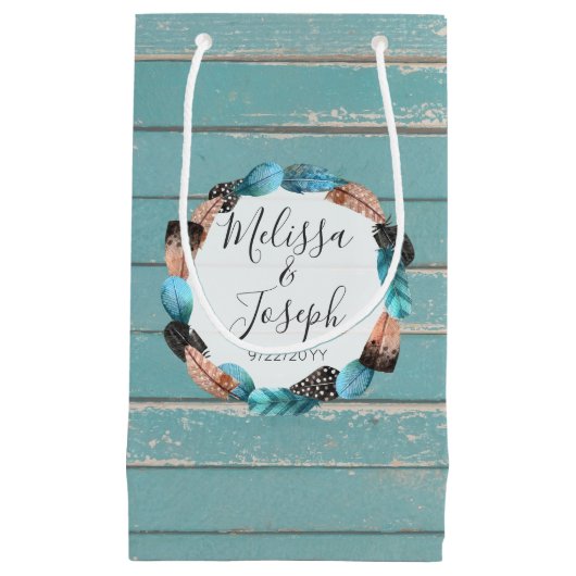 Rustieke Turquoise hout veren krans Boho bruiloft Klein Cadeauzakje (Voorkant)