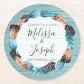 Rustieke Turquoise hout veren krans Boho bruiloft Ronde Kartonnen Onderzetter (Voorkant)