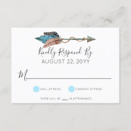 Rustieke Turquoise hout veren pijl bruiloft RSVP