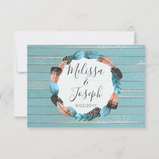 Rustieke Turquoise hout veren pijl bruiloft RSVP (Achterkant)