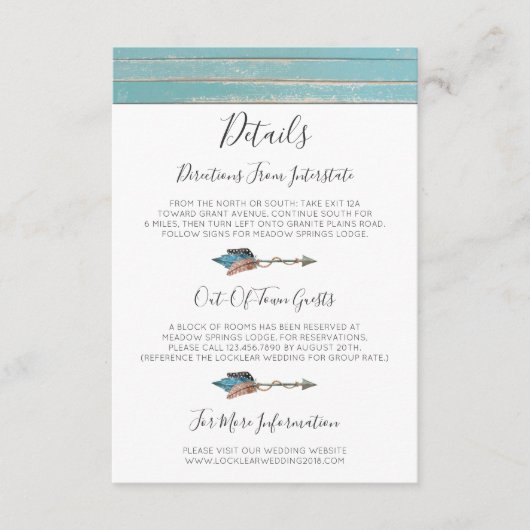 Rustieke Turquoise houten veren Details / Routebes Informatiekaartje (Voorkant)