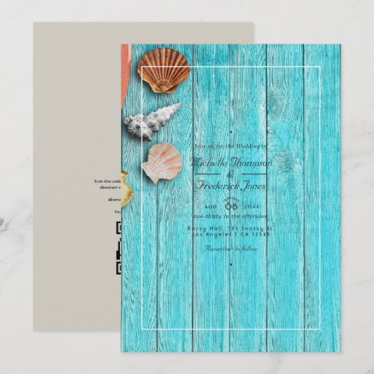 Rustieke turquoise QR-code RSVP strandhuwelijk Kaart (Voorkant / Achterkant)