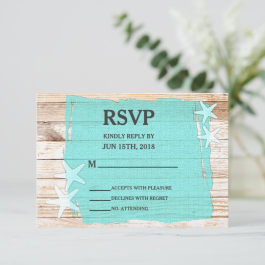Rustieke Turquoise Starfish bruiloft RSVP Kaart (Staand voorkant)