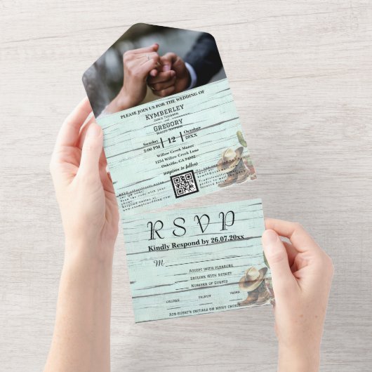 Rustieke turquoise Westerne foto QR code alles in All In One Uitnodiging (Afscheurbaar)