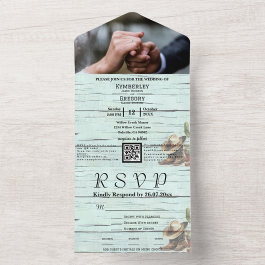 Rustieke turquoise Westerne foto QR code alles in All In One Uitnodiging (Binnen)