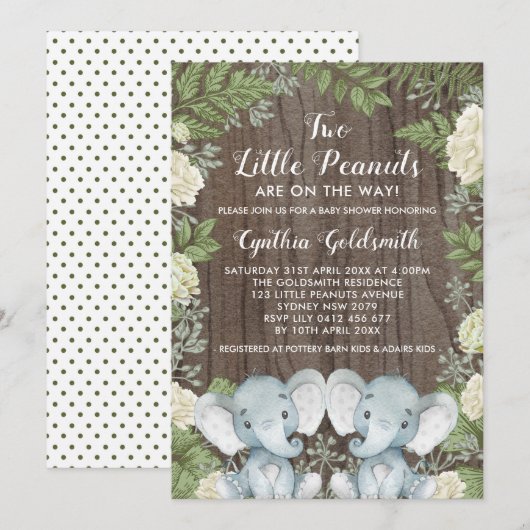 Rustieke Twins Olifant Neutral Greenery Baby showe Kaart (Voorkant / Achterkant)