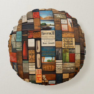 Rustieke typografie kunstcollage van boeken en bor rond kussen