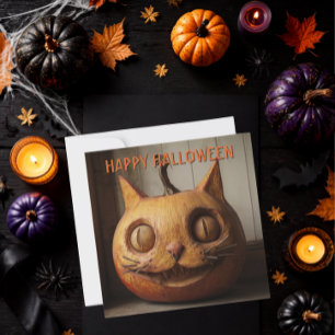 Rustieke Uitgesneden Kat Jack O Lantern Halloween Feestdagenkaart