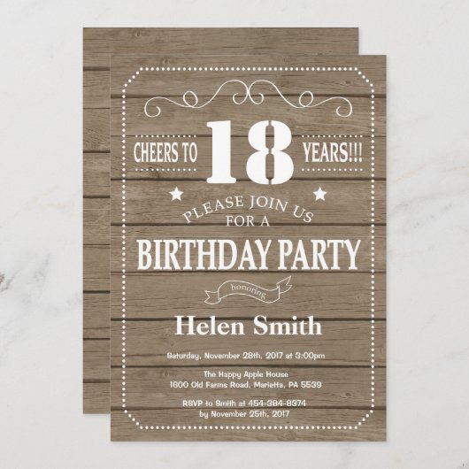 Rustieke uitnodiging voor 18e verjaardag (Voorkant / Achterkant)