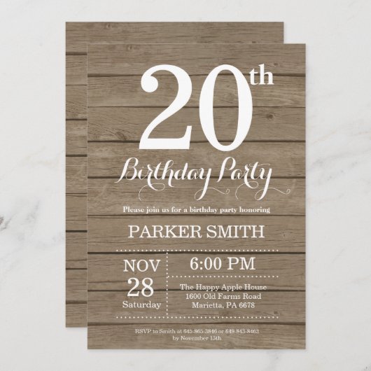 Rustieke uitnodiging voor 20e verjaardag (Voorkant / Achterkant)