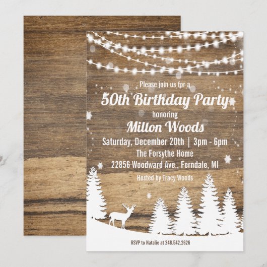 Rustieke Uitnodiging voor winterverjaardagsfeestje (Voorkant / Achterkant)