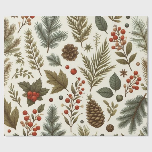 Rustieke Vakantie Woodland Pinecone Floral Cadeaupapier (Vlak)