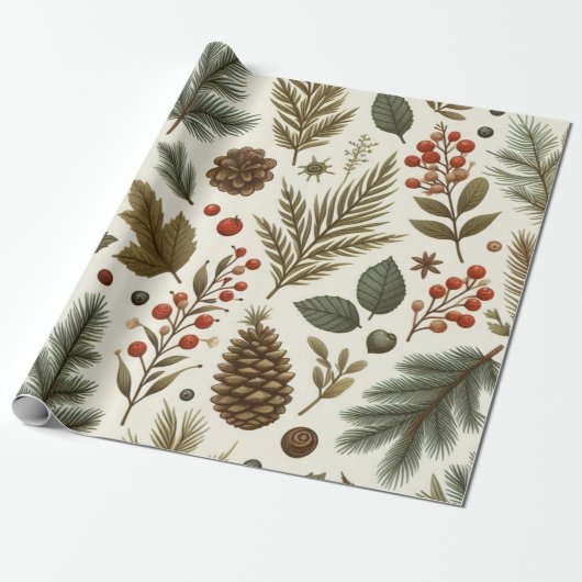 Rustieke Vakantie Woodland Pinecone Floral Cadeaupapier (Uitgerold)