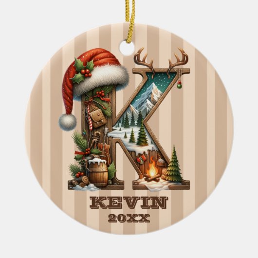 Rustieke vakantiebrief K met winterscène Keramisch Ornament (Voorkant)