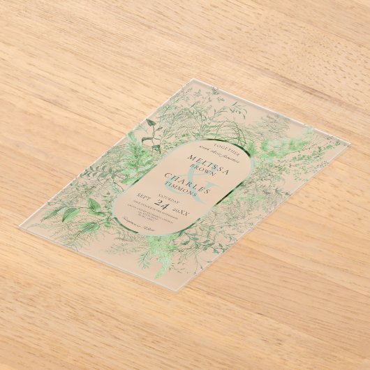 Rustieke varen groen gebladerte smaragd groen brui acryl uitnodigingen (Laagn)