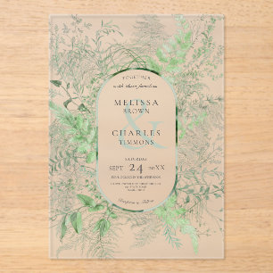 Rustieke varen groen gebladerte smaragd groen brui acryl uitnodigingen