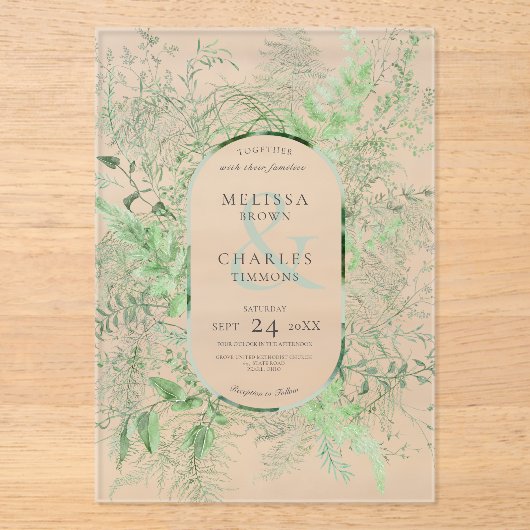 Rustieke varen groen gebladerte smaragd groen brui acryl uitnodigingen (Voorkant)