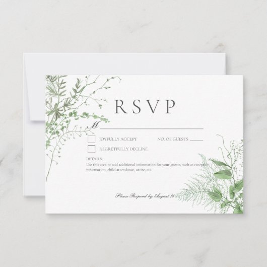 Rustieke varen groen gebladerte wit geen diner RSVP kaartje (Voorkant)