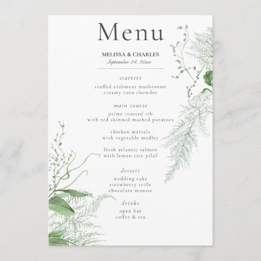 Rustieke varen groen gebladerte witte bruiloft menu (Voorkant)