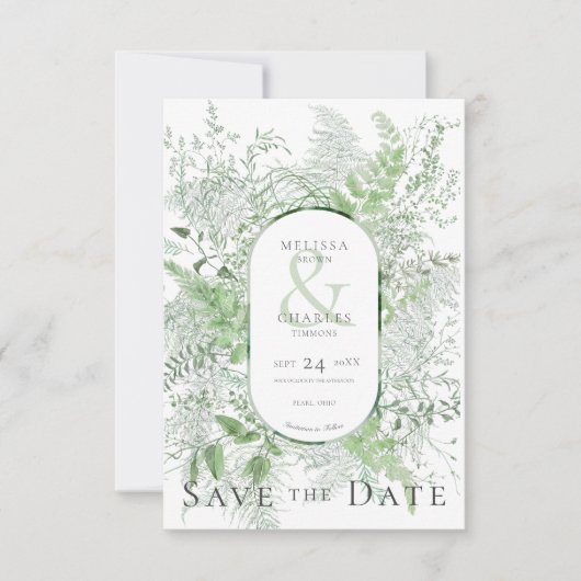 Rustieke varen groen gebladerte witte bruiloft save the date (Voorkant)