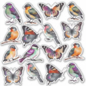 Rustieke veelkleurige Waterverf Vogels en Vlinders Sticker (Voorkant)