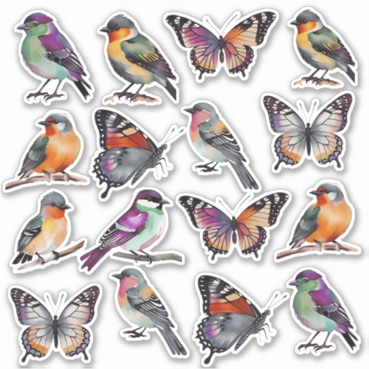 Rustieke veelkleurige Waterverf Vogels en Vlinders Sticker (Voorkant)