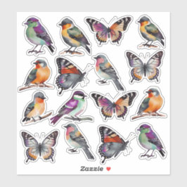 Rustieke veelkleurige Waterverf Vogels en Vlinders Sticker