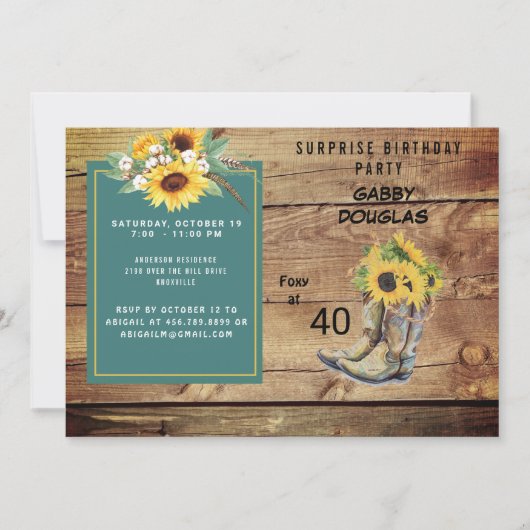 Rustieke veertigste verjaardag zonnebloem partij kaart (Voorkant)