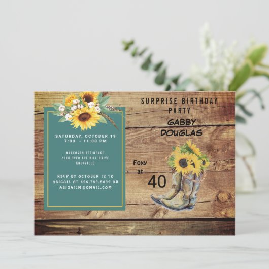 Rustieke veertigste verjaardag zonnebloem partij kaart (Staand voorkant)