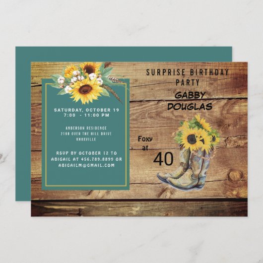 Rustieke veertigste verjaardag zonnebloem partij kaart (Voorkant / Achterkant)