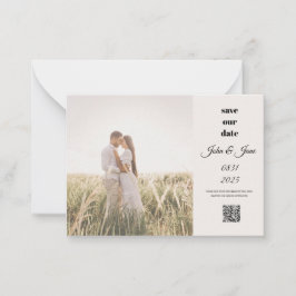Rustieke veld foto save the date met QR-code Notitiekaartje