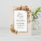 Rustieke verbrande oranje bloemige trouwkaart 'Sav Save The Date (Staand voorkant)