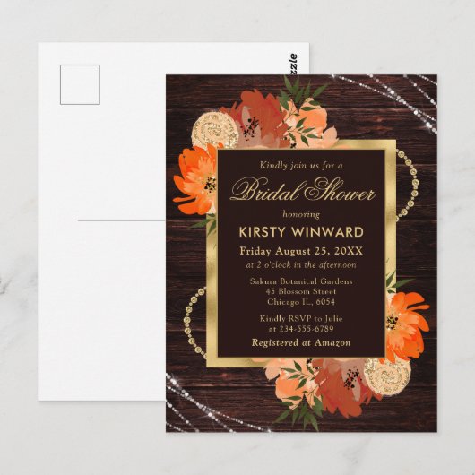 Rustieke verbrande oranje herfstbloemen bruidsdine briefkaart (Voorkant / Achterkant)