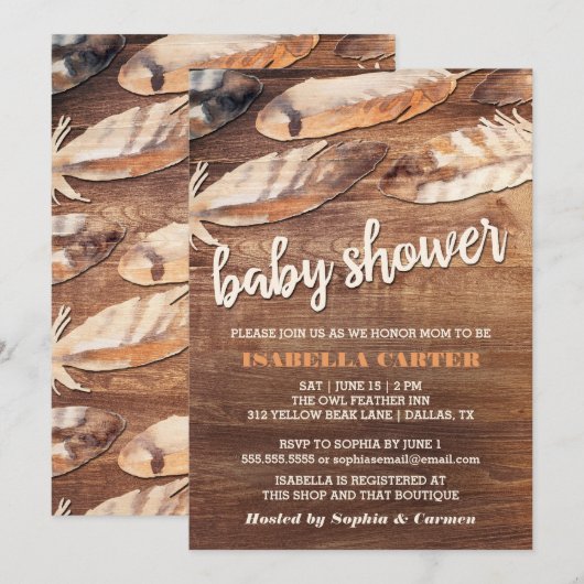 Rustieke Veren Baby Shower Kaart (Voorkant / Achterkant)