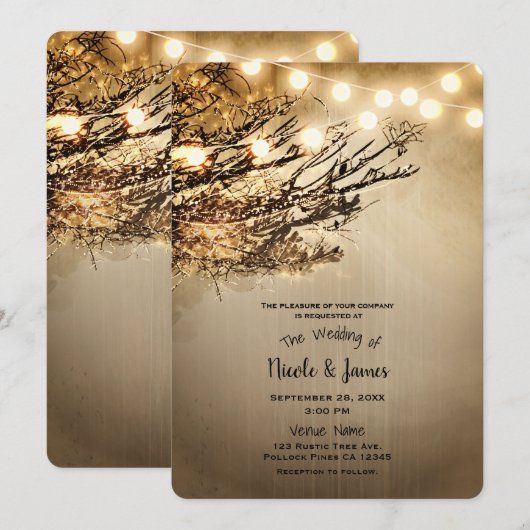 Rustieke verlichte boom takken & verlichting bruil kaart (Voorkant / Achterkant)