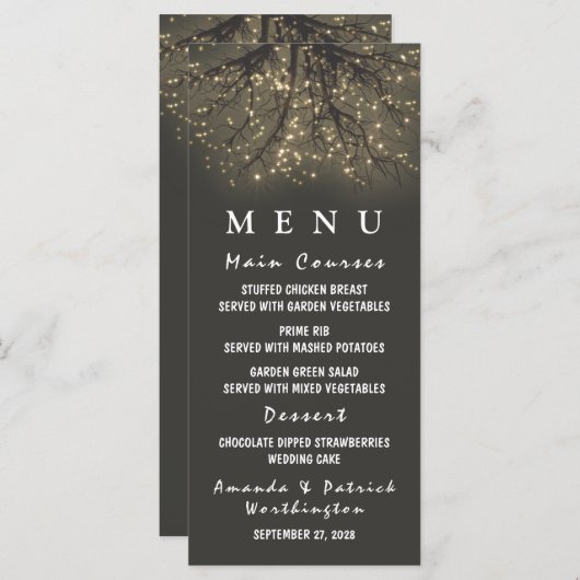 Rustieke verlichte boomtak bruiloft menu Kaarten (Voorkant / Achterkant)