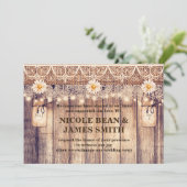 Rustieke verlichte Mason Jars Daisies & Lace bruil Kaart (Staand voorkant)