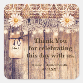 Rustieke verlichte Mason Jars Daisies & Lace bruil Vierkante Sticker